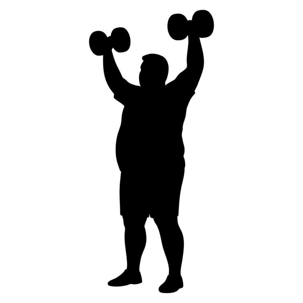 Overweight man lifting dumbbells silhouette illustration vector