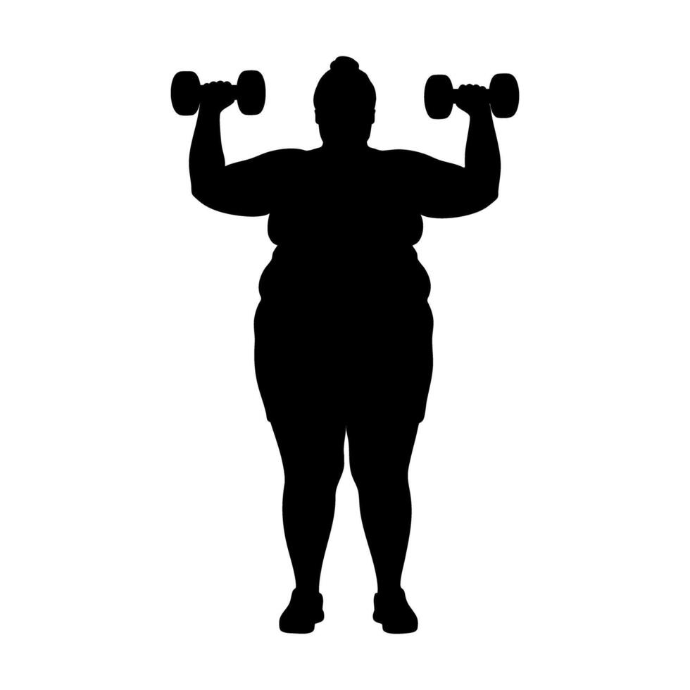 Overweight woman lifting dumbbells silhouette illustration vector