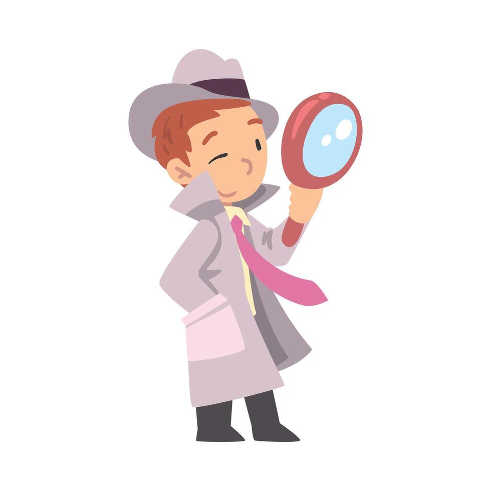 Cute Boy Detective with Magnifying Glass Cartoon Character Style Illustration vector