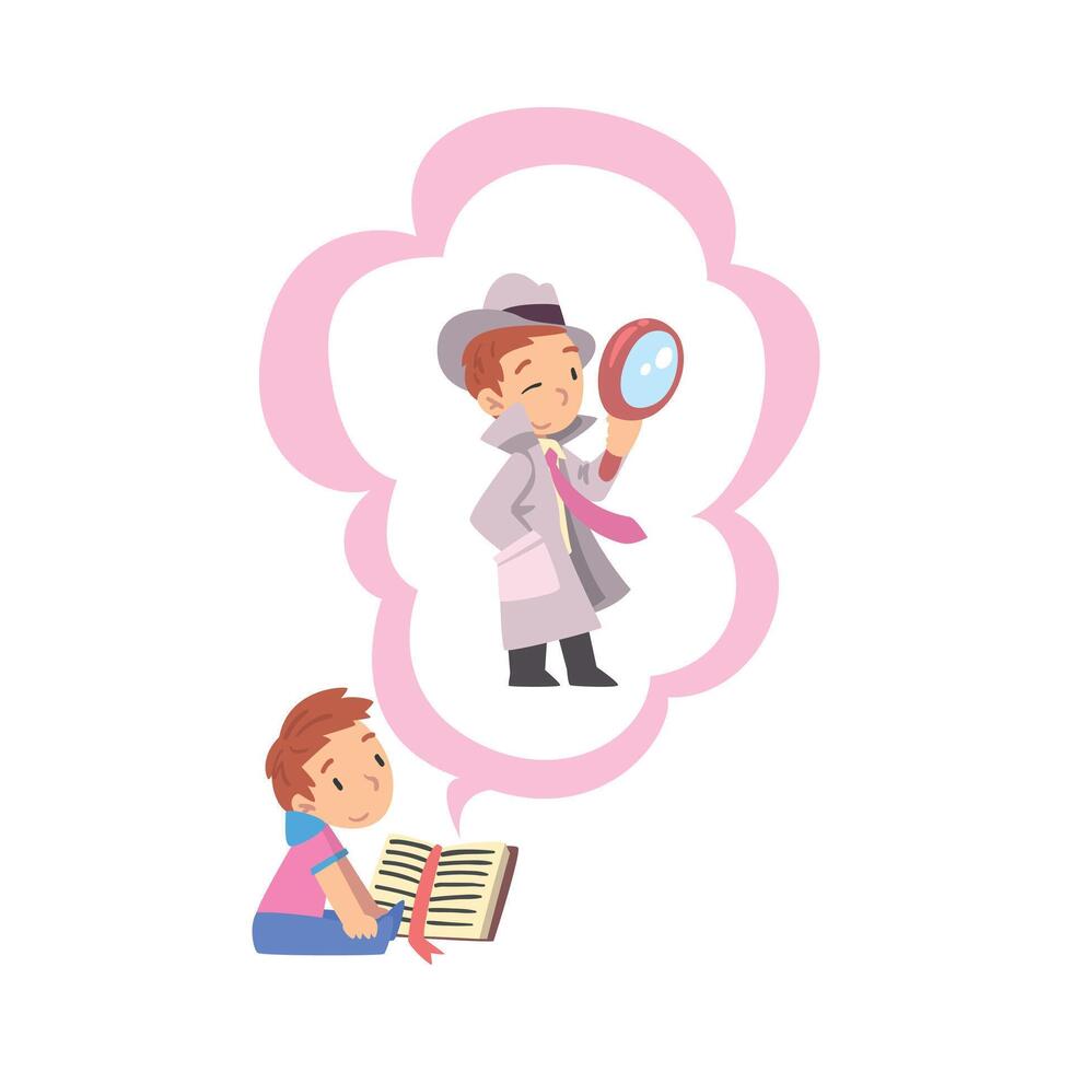Boy Reading Book about Detective with Magnifying Glass, Kids Imagination Concept, Fairy Tales, Stories, Discoveries Cartoon Style Illustration vector