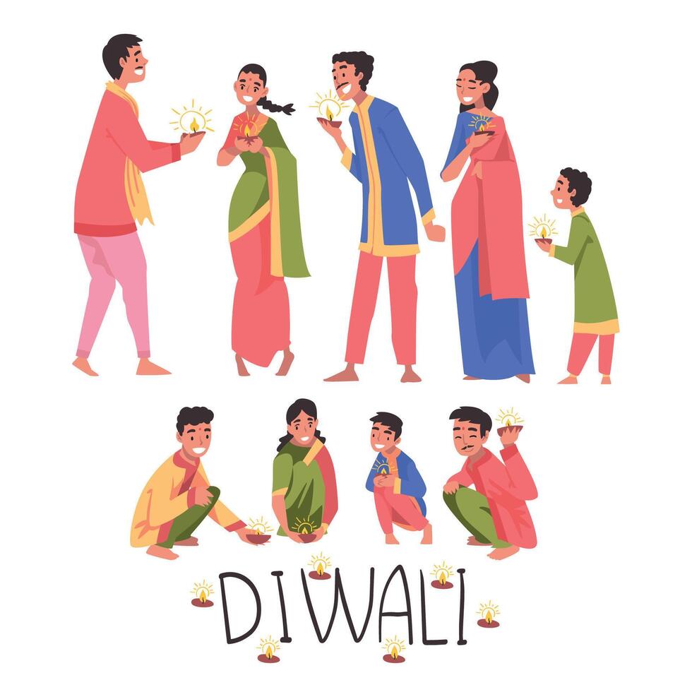 Diwali Hindu Holiday, Indian People in Traditional Clothes Celebrating Light Festival Cartoon Style Illustration vector
