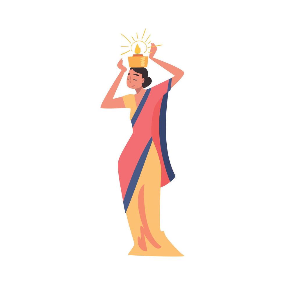 Indian Young Woman in Traditional Clothes with Candle on her Head, People Celebrating Diwali Hindu Holiday Light Festival Cartoon Style Illustration vector