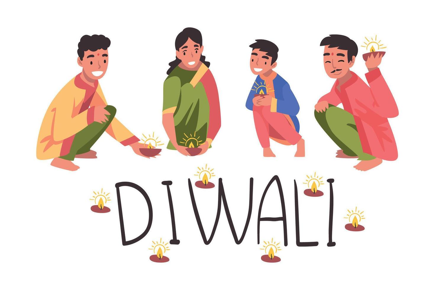 Diwali Hindu Holiday, Indian People in Traditional Clothes Sitting with Glowing Candles Cartoon Style Illustration vector