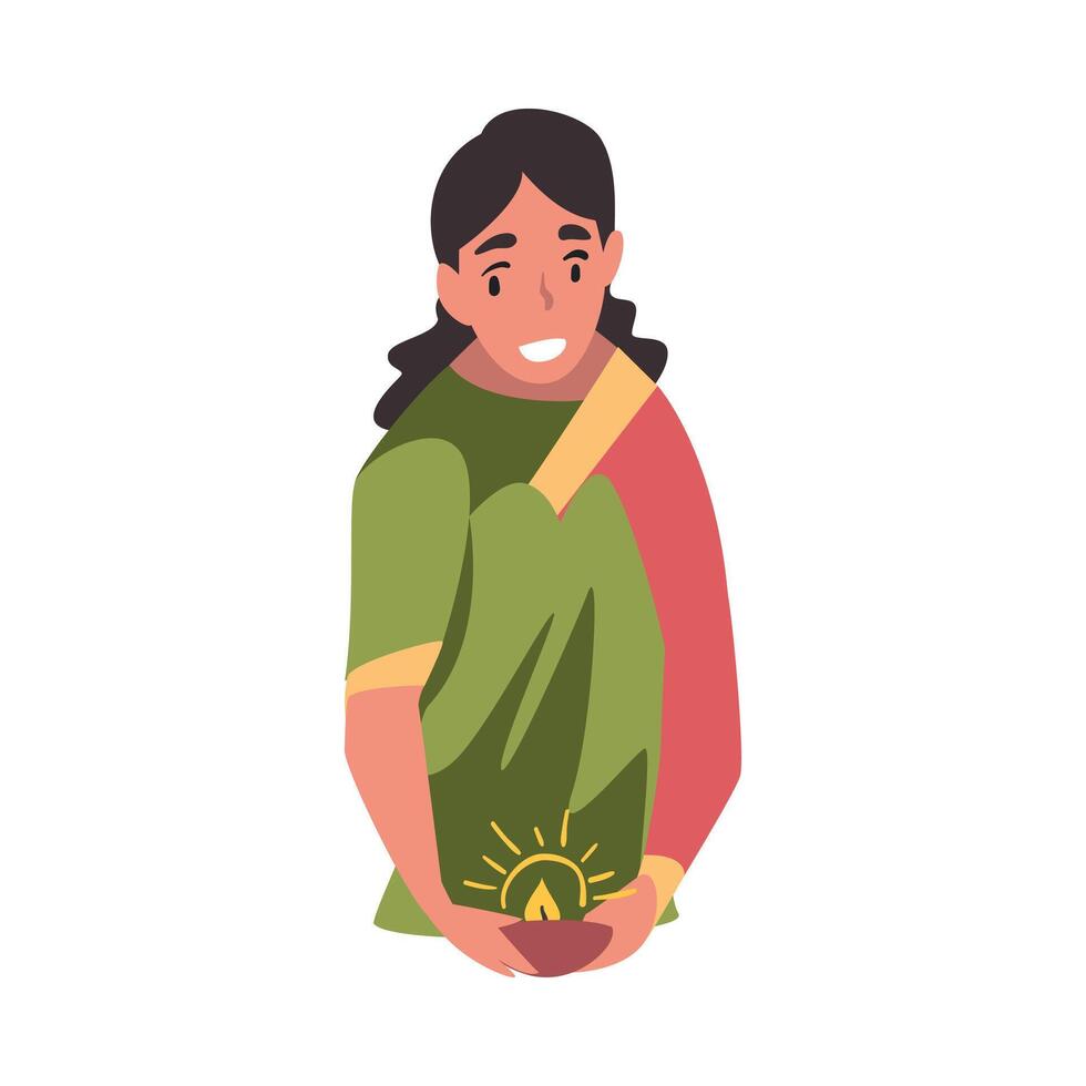 Indian Young Woman in Traditional Clothes with Candle in Candlestick, People Celebrating Diwali Hindu Holiday Cartoon Style Illustration vector
