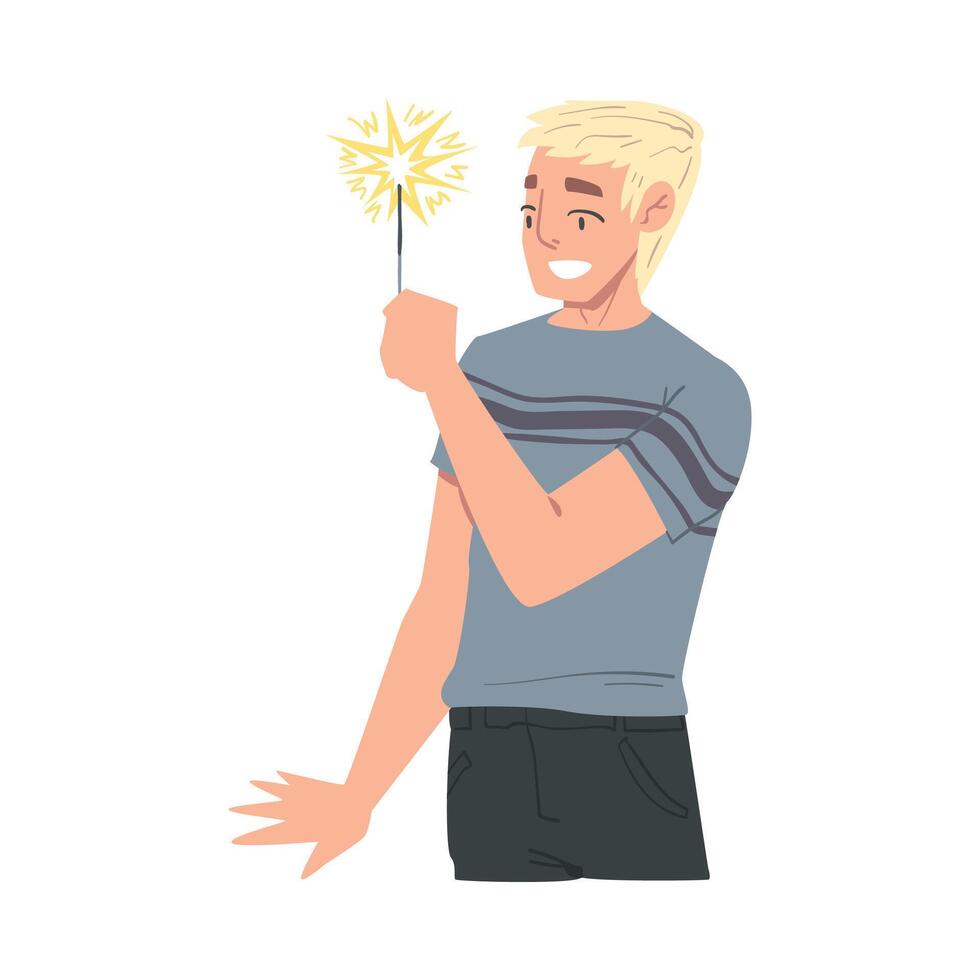 Smiling Man Holding Burning Sparkler, Guy in Joyful Mood Celebrating Holiday Cartoon Style Illustration vector