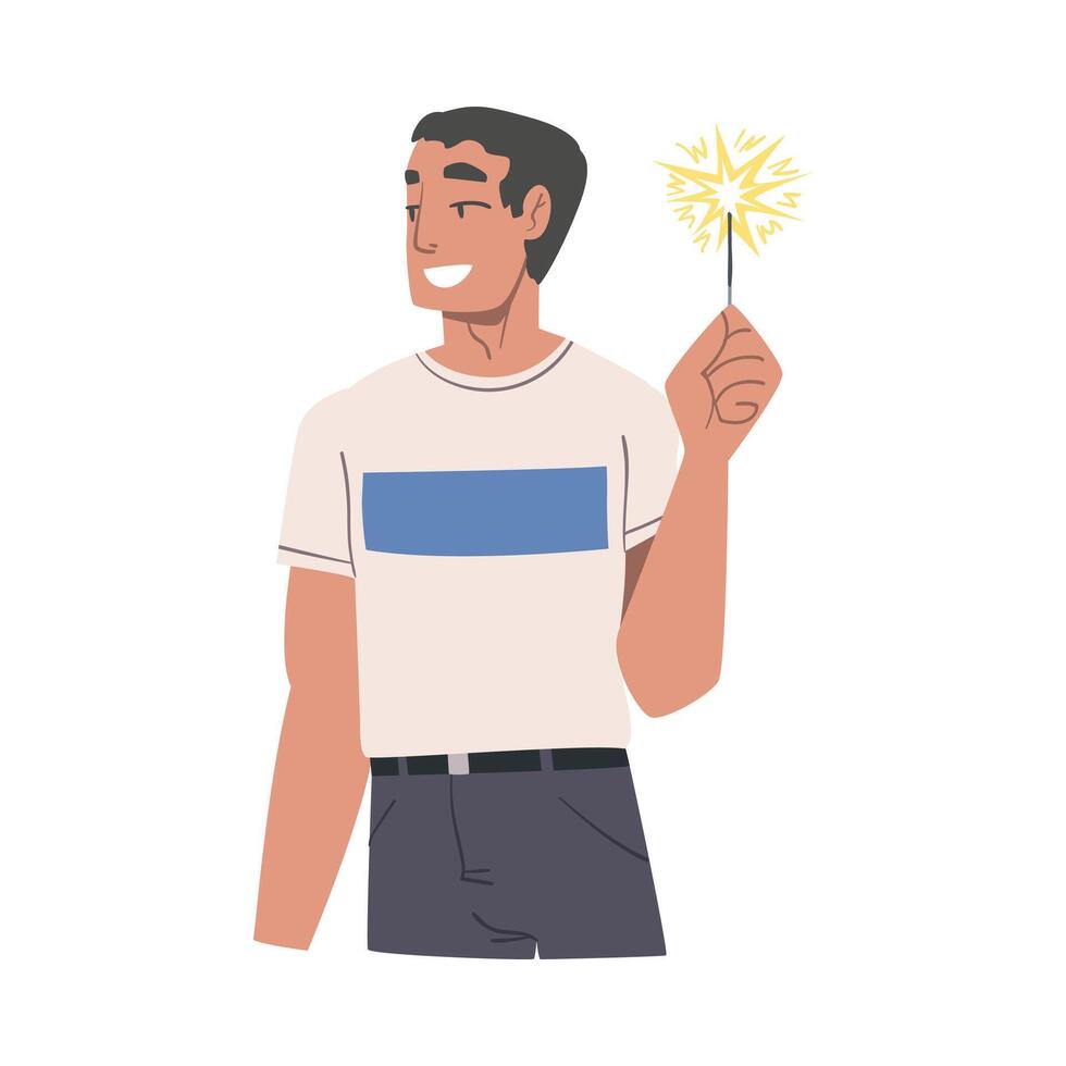 Smiling Man Holding Burning Sparkler, Guy in Joyful Mood Celebrating Holiday Cartoon Style Illustratio vector