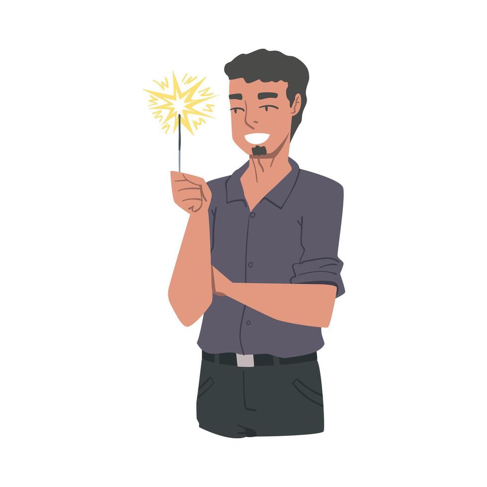 Young Man with Burning Sparkler, Smiling Guy Celebrating Christmas, New Year or Birthday Holiday Cartoon Style Illustration vector