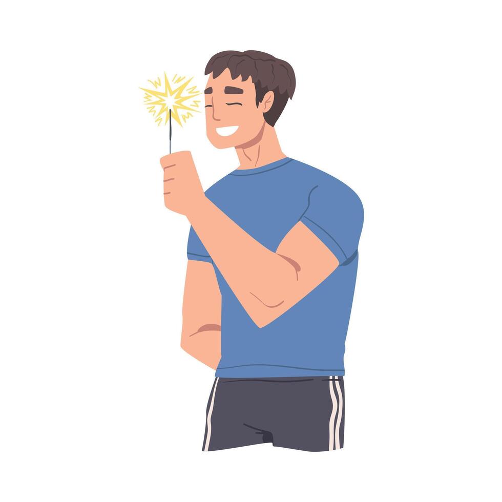 Man Holding Burning Sparkler, Smiling Guy Celebrating Christmas, New Year or Birthday Holiday Cartoon Style Illustration vector