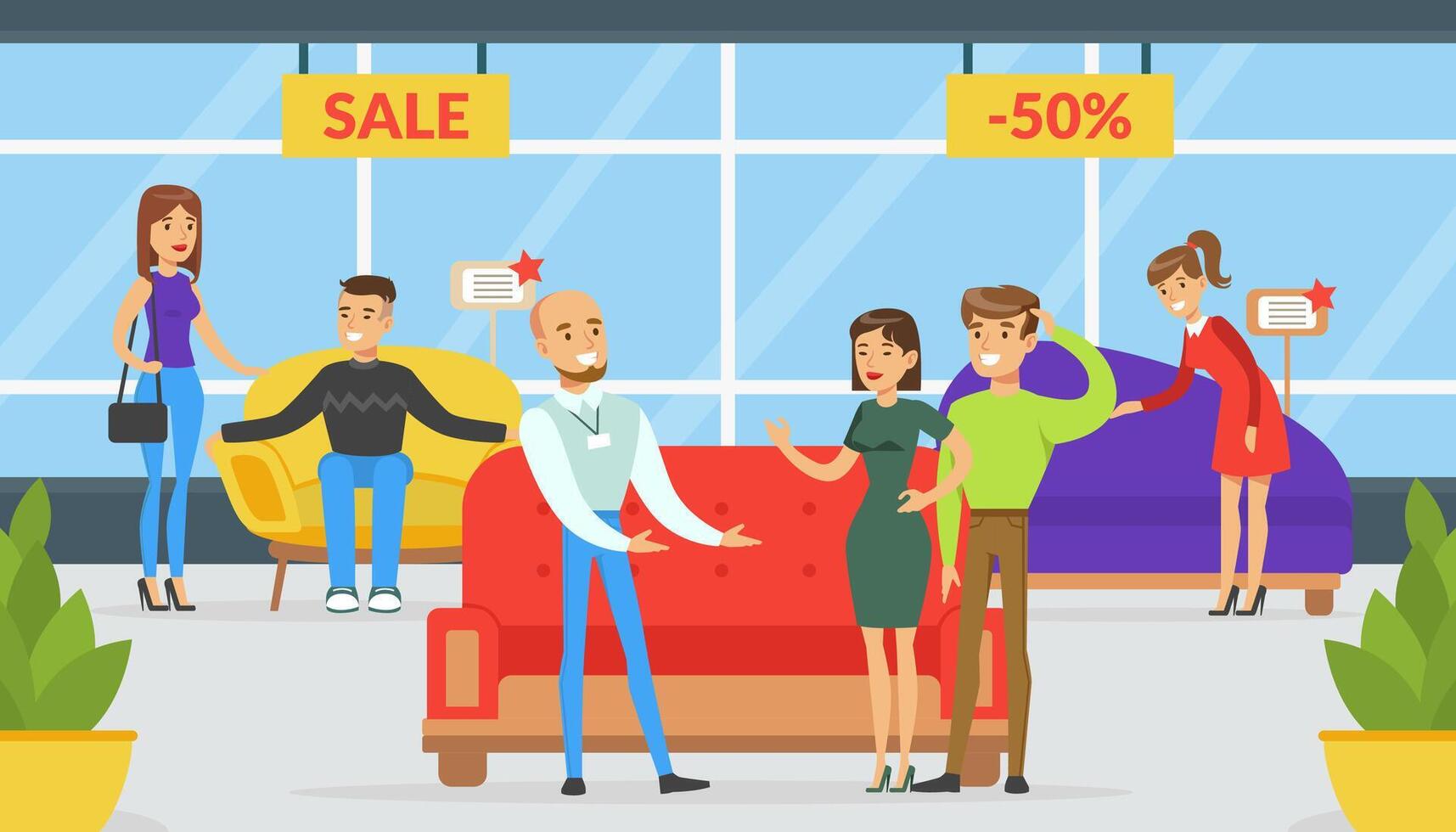 People Shopping in Furniture Store, Shop Assistant Helping Family Couple to Choose Sofa Illustration vector