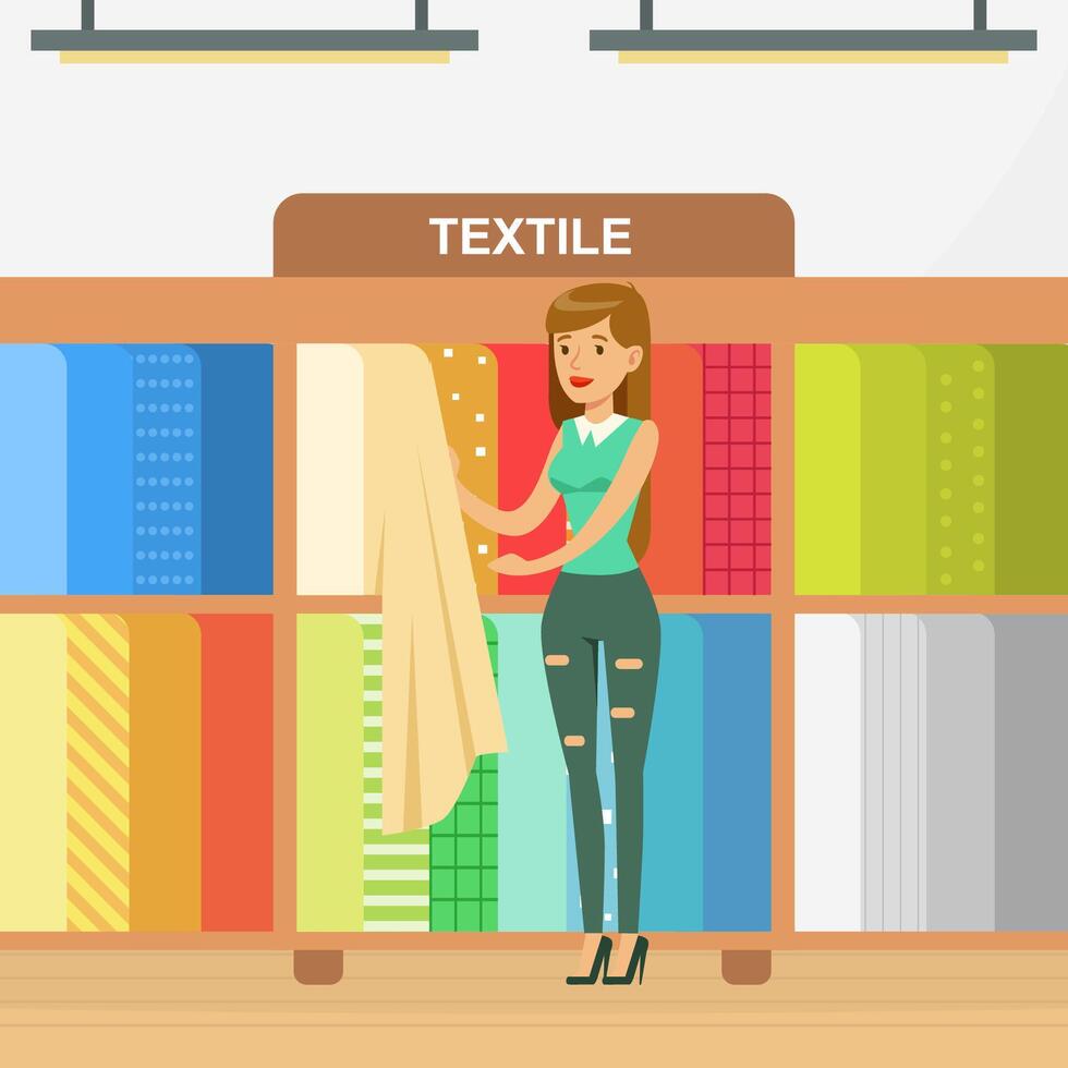 Young Woman Choosing Fabrics for Curtains in Textile Shop, Designer Decorator Character Illustration vector