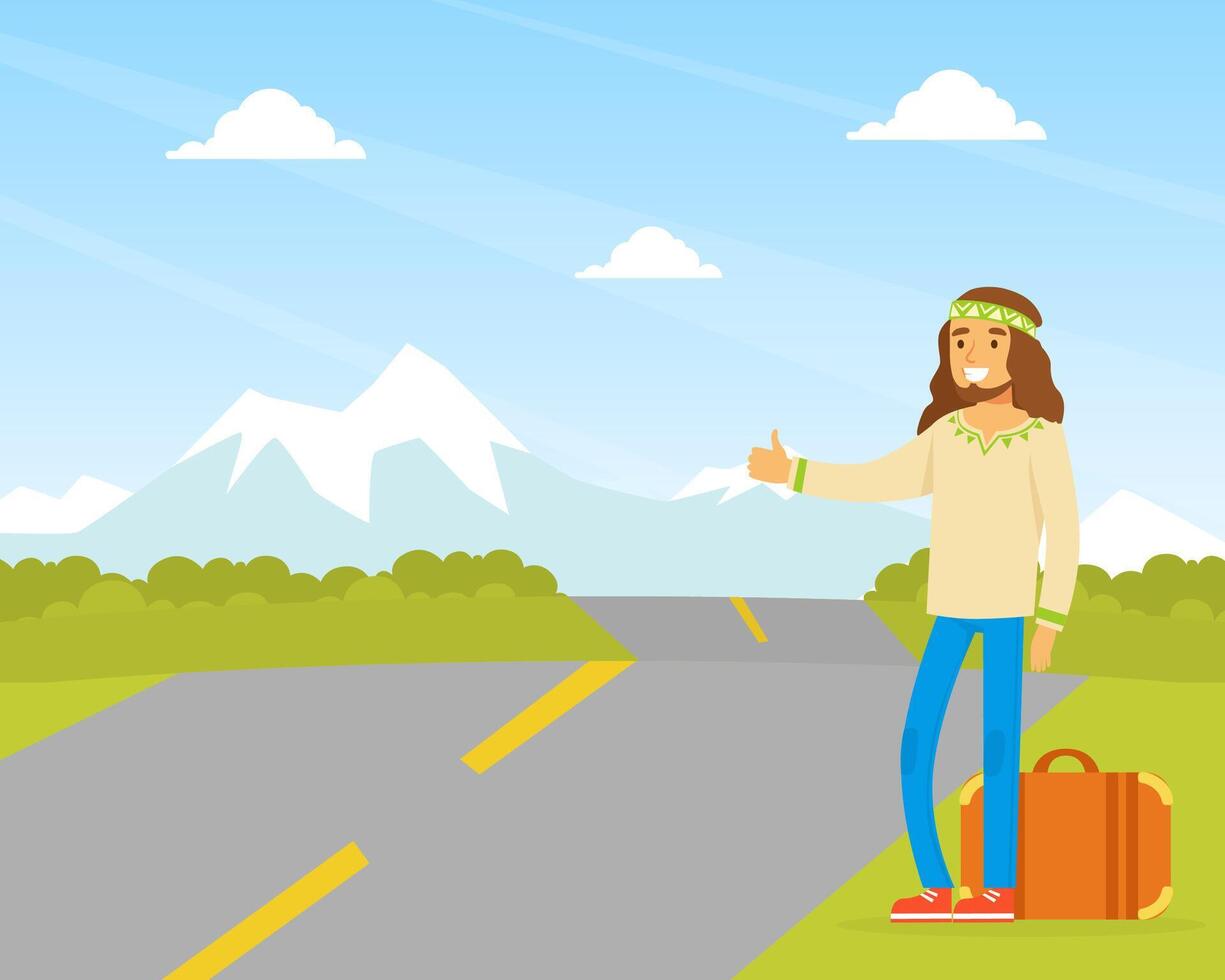 Hippie Man Character Hitchhiking, Man Wearing Retro Clothes of the 60s and 70s Traveling by Autostop Illustration vector