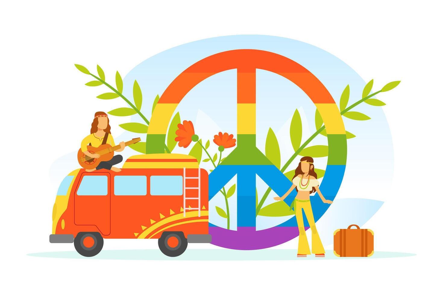 Hippie Characters, Old Retro Classic Traveling Van and Rainbow Peace Symbol, Happy People Wearing Retro Clothes of the 60s and 70s Illustration vector