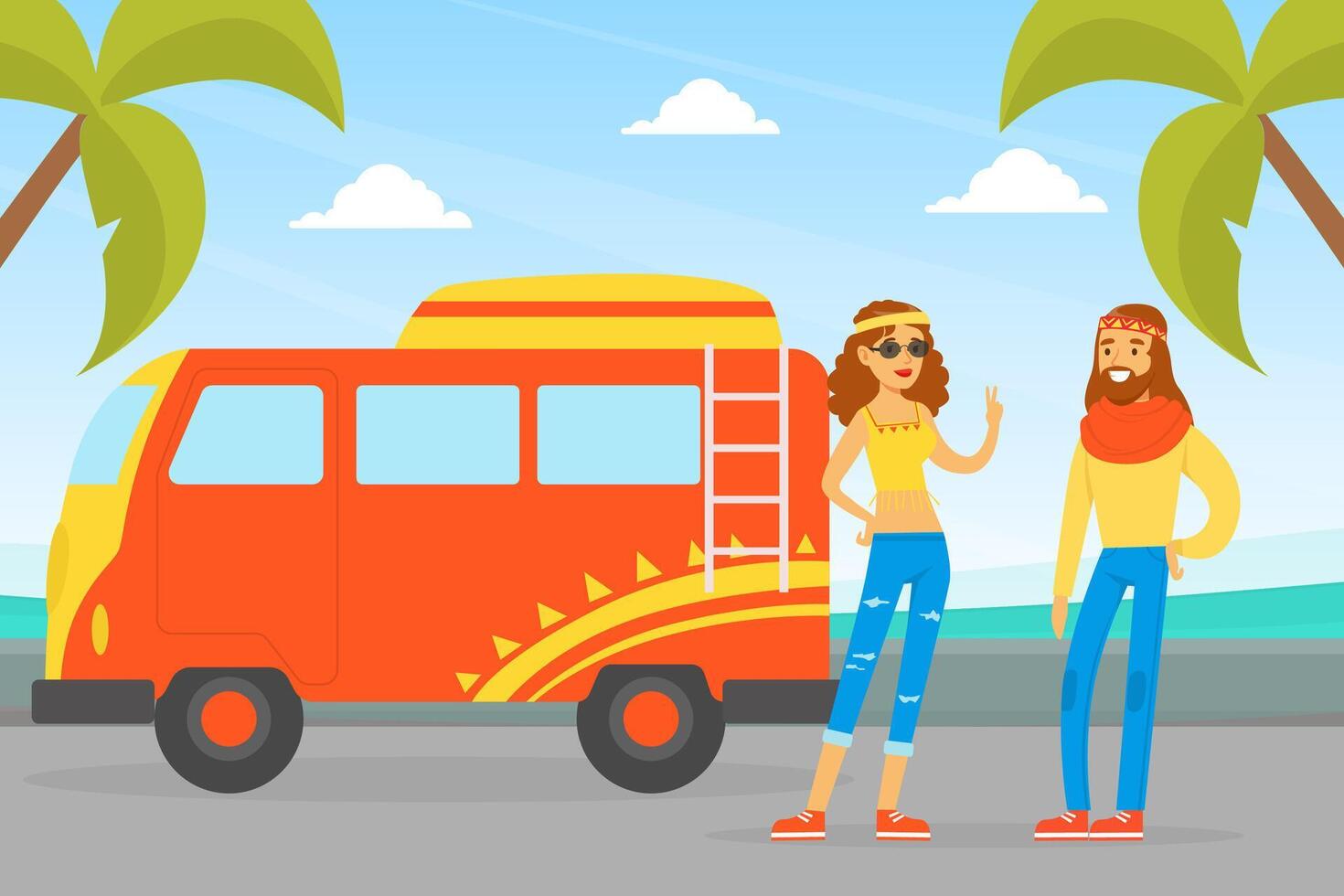 Hippie Characters, Young Man and Woman Standing Next Old Retro Classic Traveling Van, Happy People Wearing Retro Clothes of the 60s and 70s Illustration vector