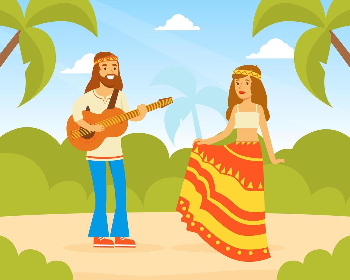 Hippie Characters, Young Man and Woman Playing Guitar and Dancing on Summer Landscape, Happy People Wearing Retro Clothes of the 60s and 70s Illustration vector