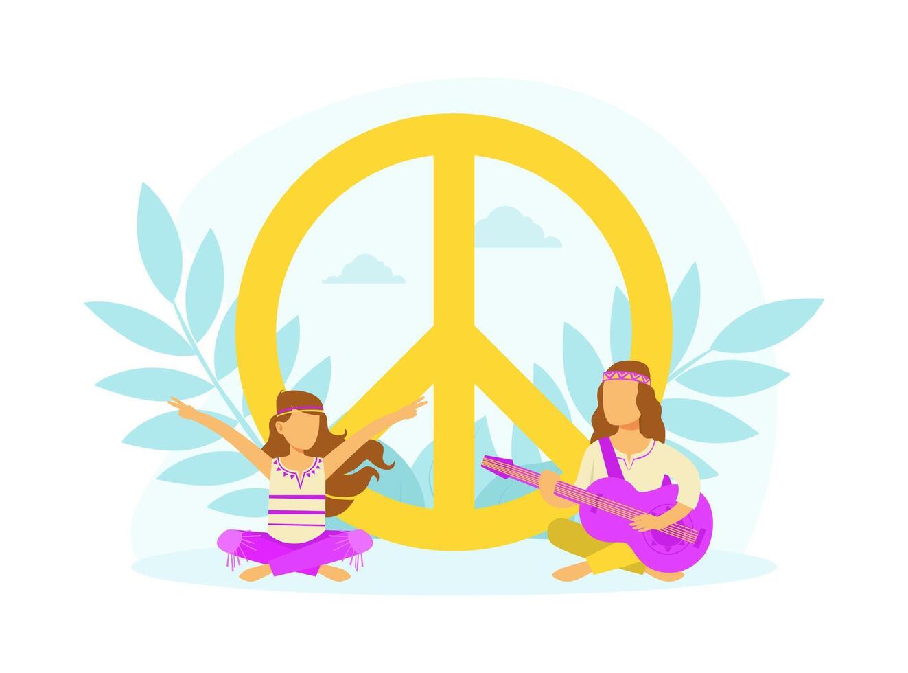 Hippie Characters Sitting in Meditation Pose at Peace Symbol, Happy People Wearing Retro Clothes of the 60s and 70s Playing Guitar Illustration vector