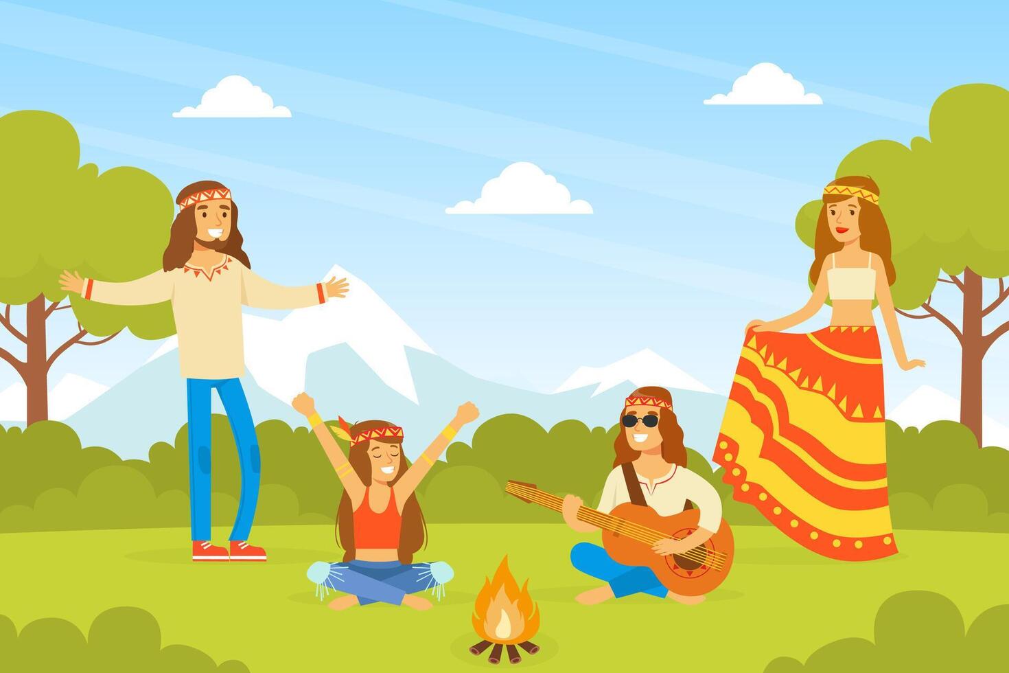 Hippie Characters, Group of Young Men and Women Playing Guitar and Dancing on on Nature, Happy People Wearing Retro Clothes of the 60s and 70s Illustration vector