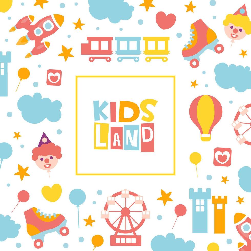 Kids Land Banner Template, Baby Club, Entertainment Playground Promo Poster with Amusement Park Elements Seamless Pattern Cartoon Illustration vector