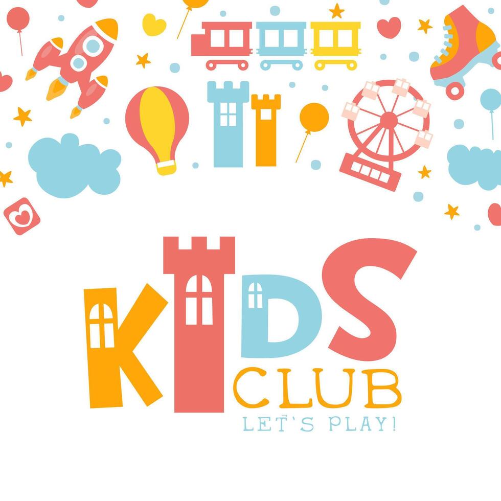 Kids Club Banner Template, Childrens Land, Entertainment Playground Promo Poster with Amusement Park Elements Seamless Pattern Cartoon Illustration vector