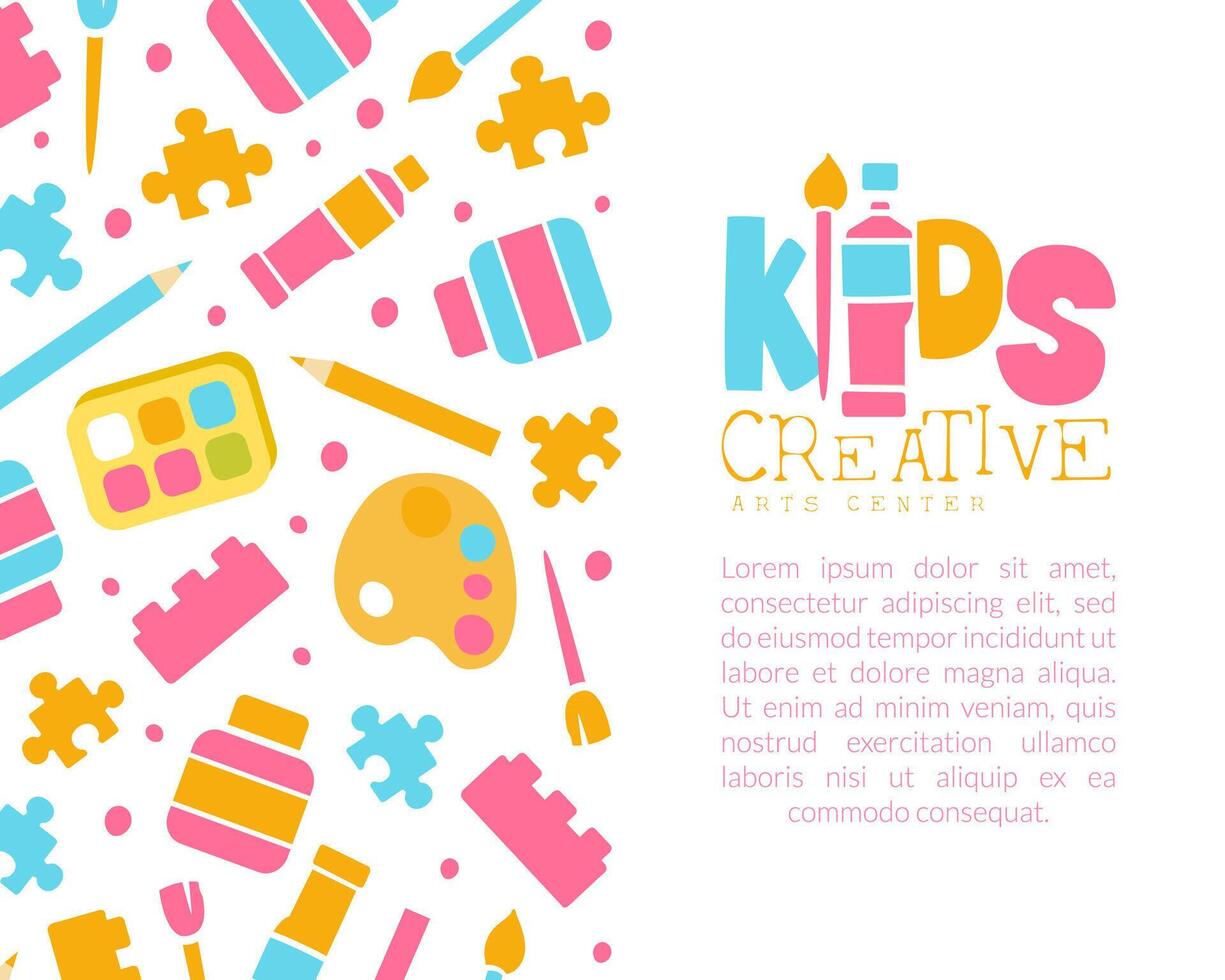 Creative Kids Banner Template with Space for Text, Education, Art, Craft, Creativity Class, School Design, Art Supplies Seamless Pattern Cartoon Illustration vector