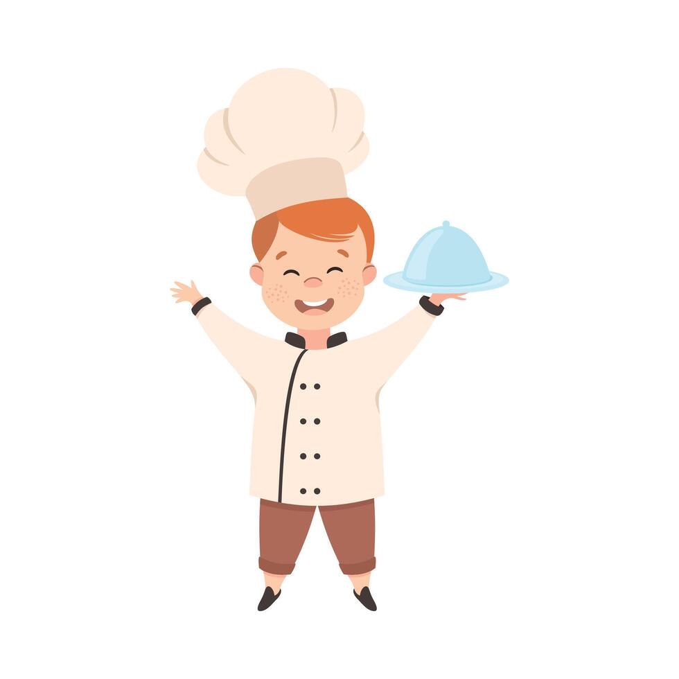 Cute Boy Chef Cook Holding Round Cloche Tray, Smiling Kid in Chef Uniform Cooking in Kitchen Cartoon Style Illustration vector