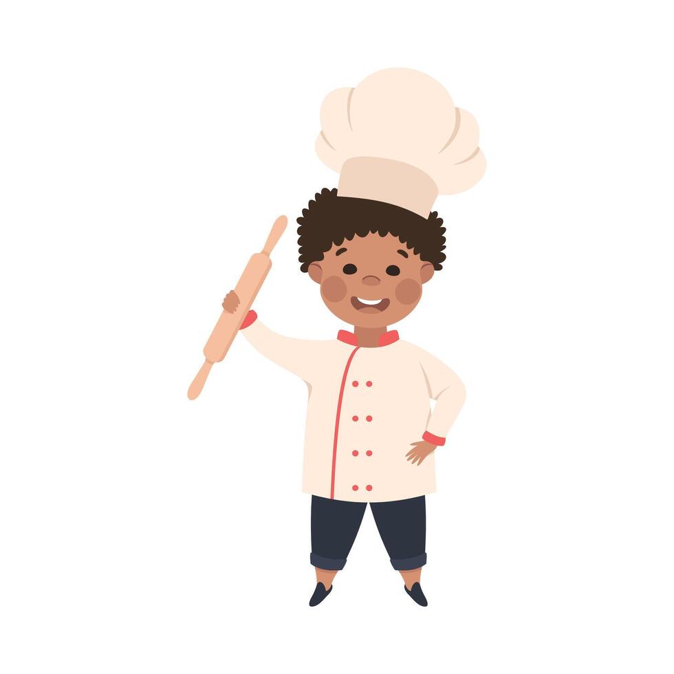 Cute Boy Chef Cook with Rolling Pin, Smiling Kid in Chef Uniform Cooking in Kitchen Cartoon Style Illustration vector