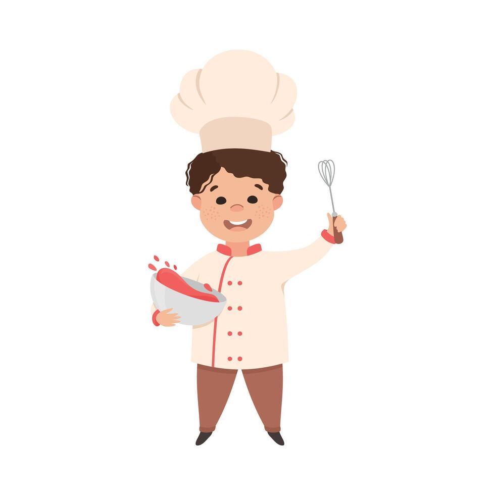 Cute Boy Chef Cook Mixing Ingredients in Bowl, Smiling Kid in Chef Uniform Cooking in Kitchen Cartoon Style Illustration vector