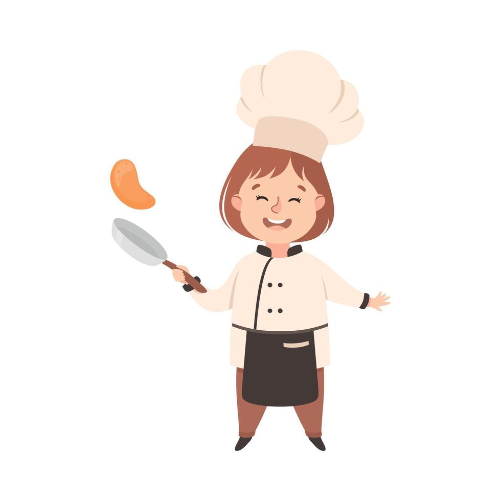 Cute Girl Chef Cook Tossing Pancake on Frying Pan, Kid in Chef Uniform Cooking in Kitchen Cartoon Style Illustration vector