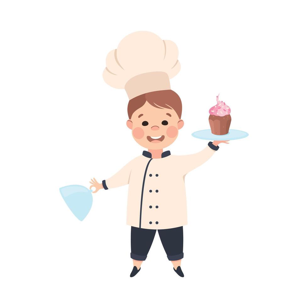 Cute Boy Chef Cook Holding Platter with Cupcake Dessert, Smiling Kid in Chef Uniform Cooking in Kitchen Cartoon Style Illustration vector