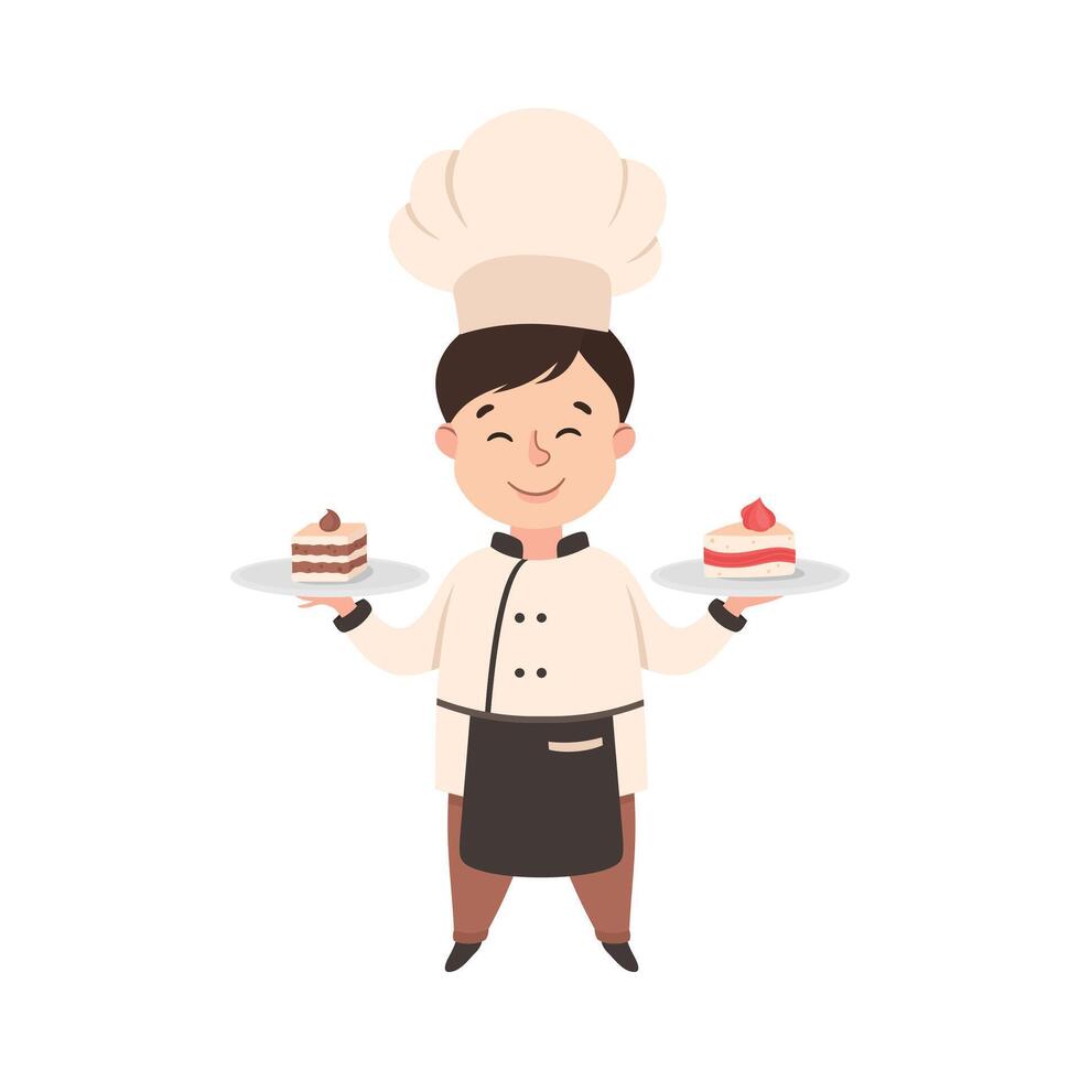 Cute Boy Chef Cook Holding Plate with Sweet Desserts, Kid in Chef Uniform Cooking in Kitchen Cartoon Style Illustration vector