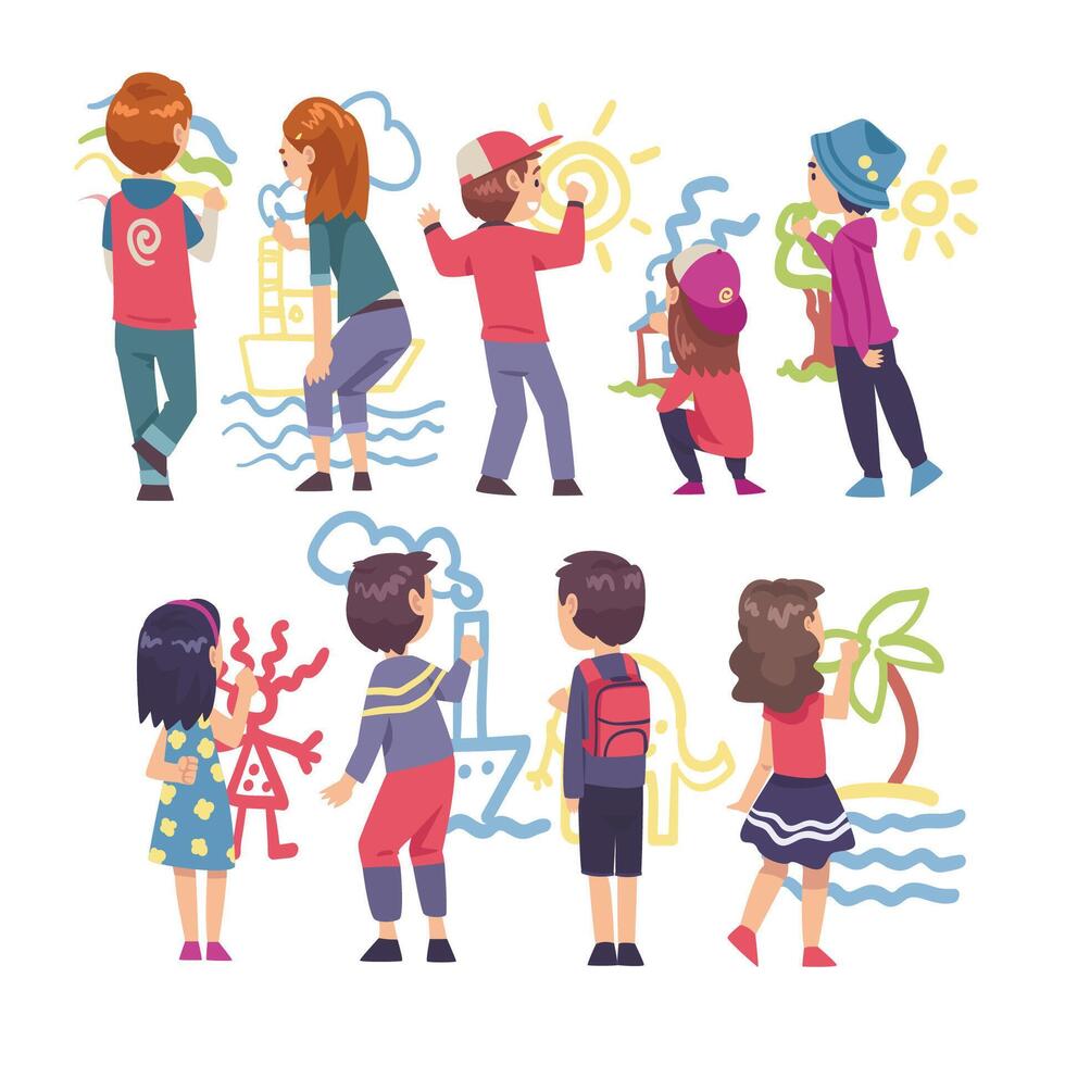 Cute Children Drawing Pictures on Walls with Colorful Chalk Pencils and Crayons, Back View Cartoon Style Illustration vector