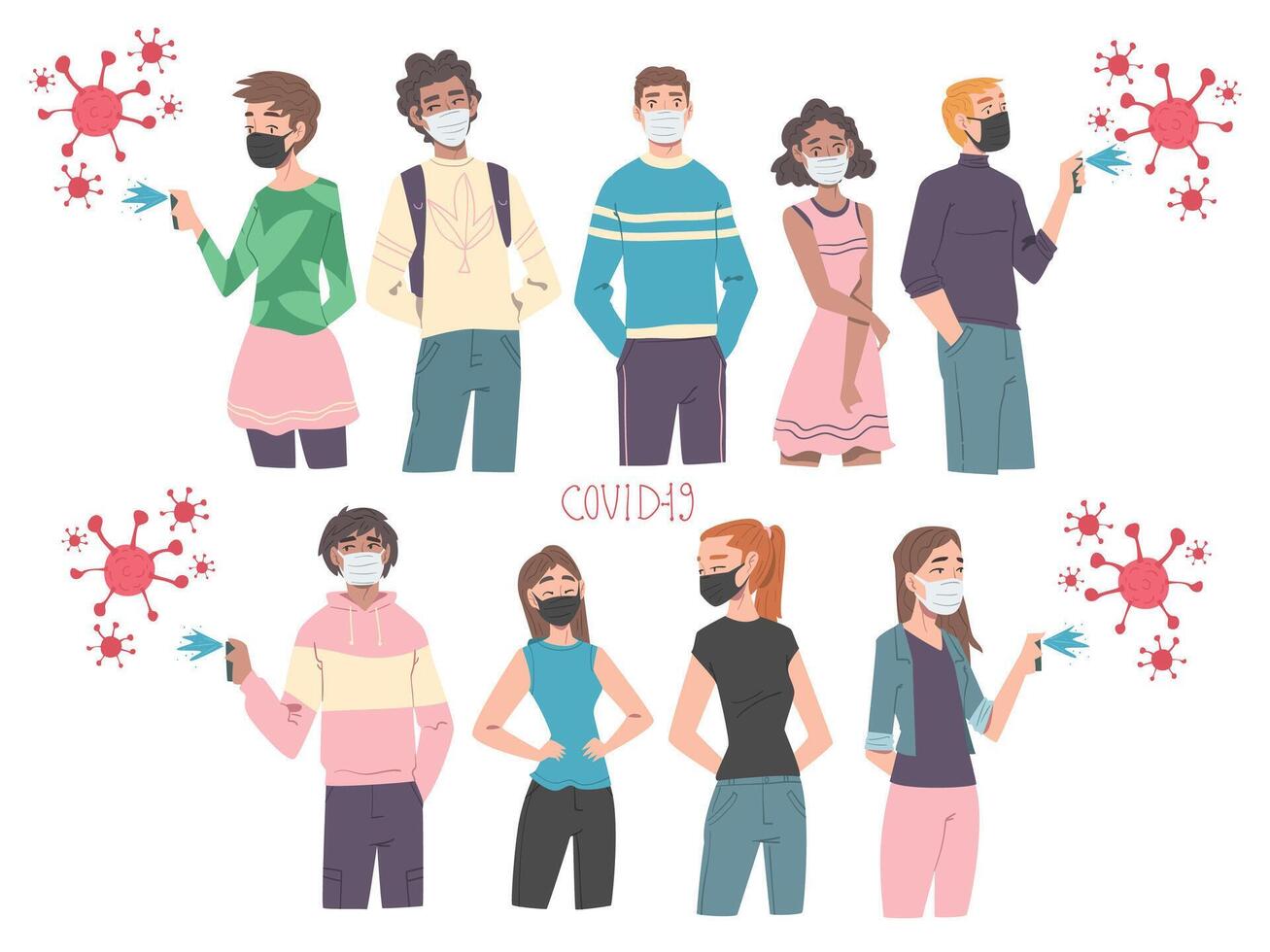 Men and Women Wearing Protective Face Masks Spraying Antibacterial Liquid, Protection from Virus Outbreak, Pandemic Prevention Concept Cartoon Style Illustration vector