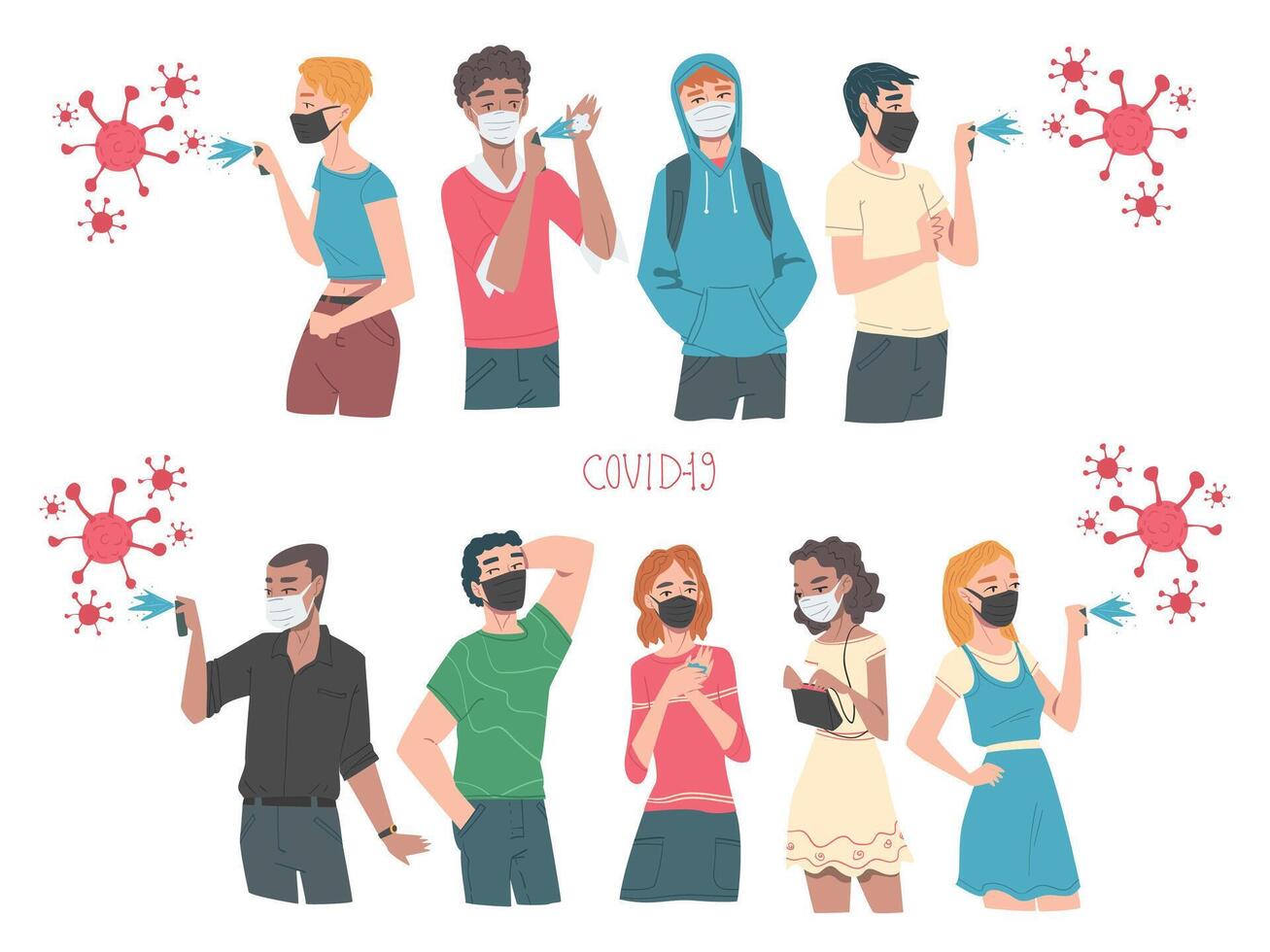 People Wearing Protective Medical Masks Spraying Antibacterial Liquid, Protection from Virus Outbreak, Pandemic Prevention Concept Cartoon Style Illustration vector