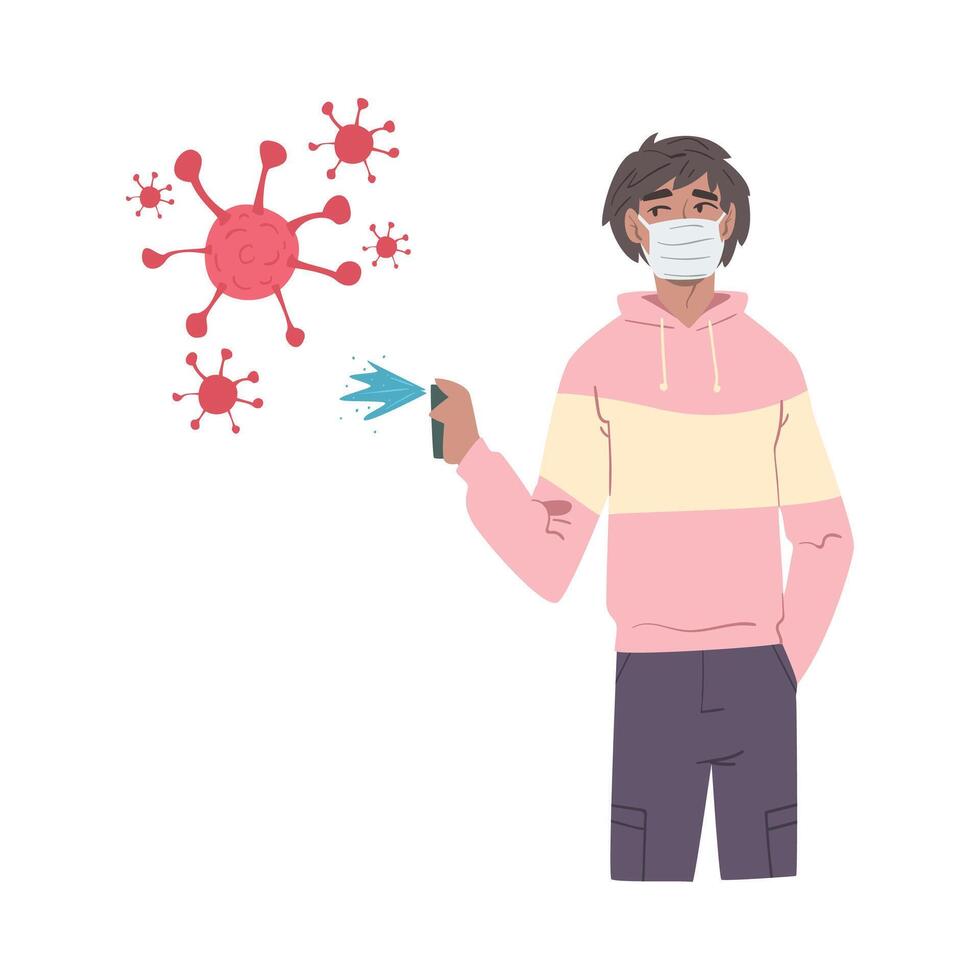 Man in Protective Mask Spraying Antibacterial Liquid for Virus Prevent, Protection from Virus Outbreak, Pandemic Prevention Concept Cartoon Style Illustration vector