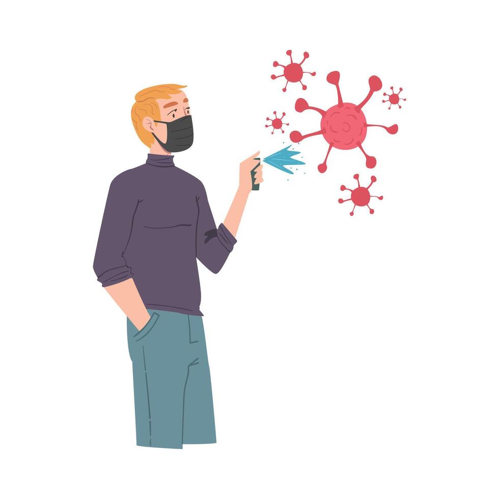 Man in Protective Black Mask with Antibacterial Spray for Virus Prevent, Protection from Virus Outbreak, Pandemic Prevention Concept Cartoon Style Illustration vector