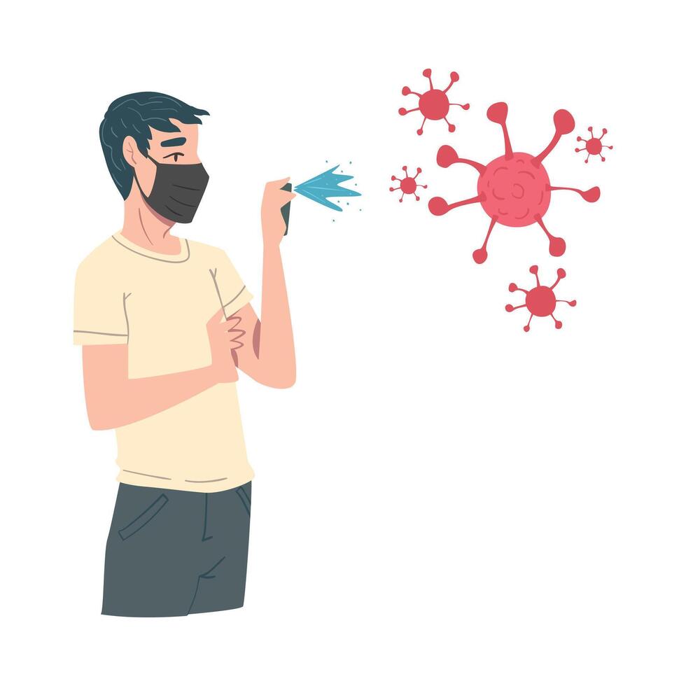 Young Man in Protective Face Mask Spraying Antibacterial Liquid, Protection from Virus Outbreak, Pandemic Prevention Concept Cartoon Style Illustration vector