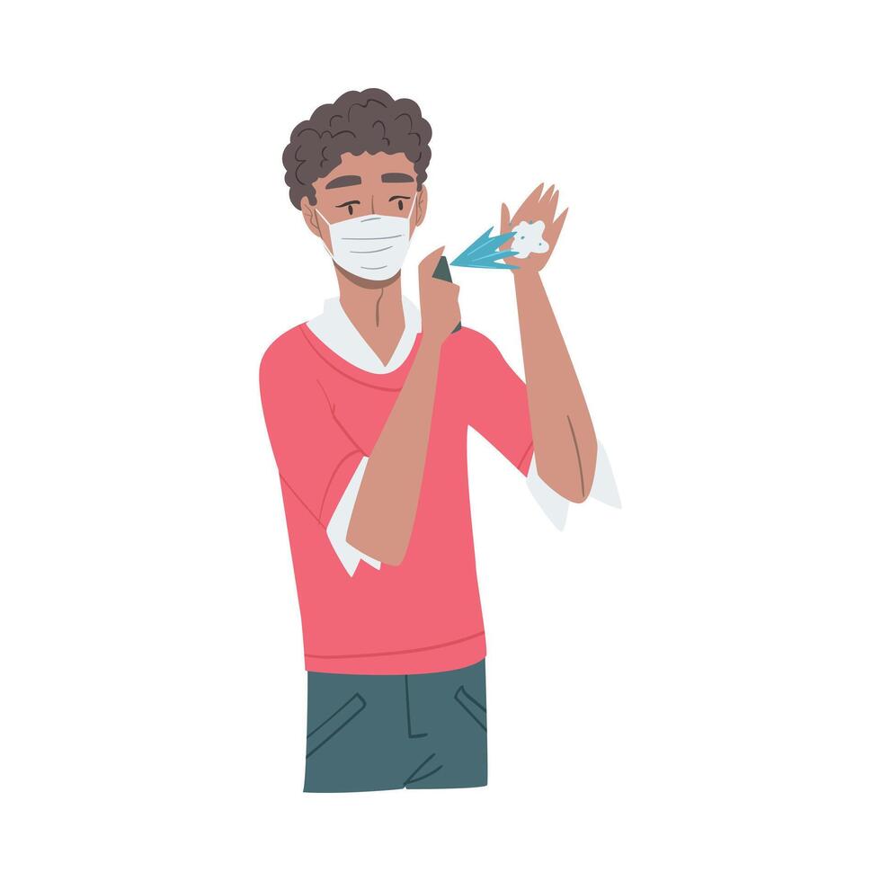 Young Man in Protective Face Mask Spraying Antibacterial Liquid on his Hands, Protection from Virus Outbreak, Pandemic Prevention Concept Cartoon Style Illustration vector