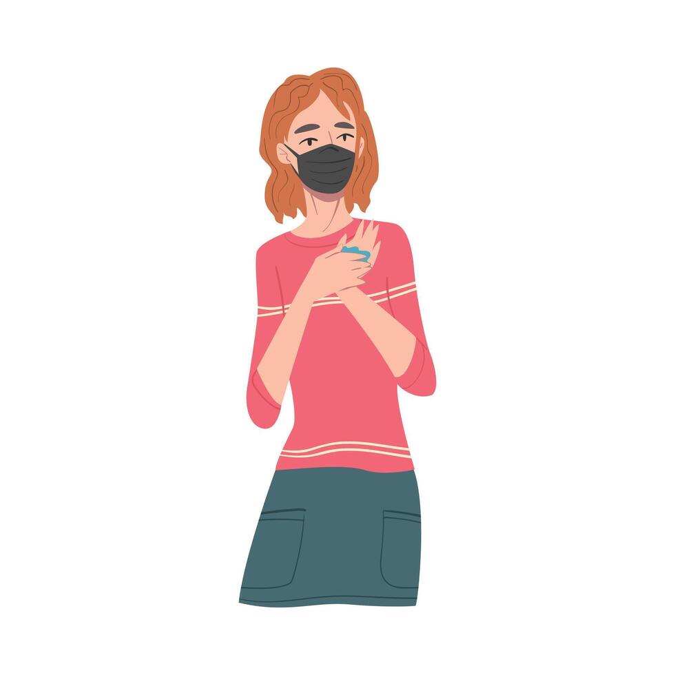 Young Woman Wearing Protective Mask Cleaning Hands with Disinfecting Wipes, Protection from Virus Outbreak, Pandemic Prevention Concept Cartoon Style Illustration vector