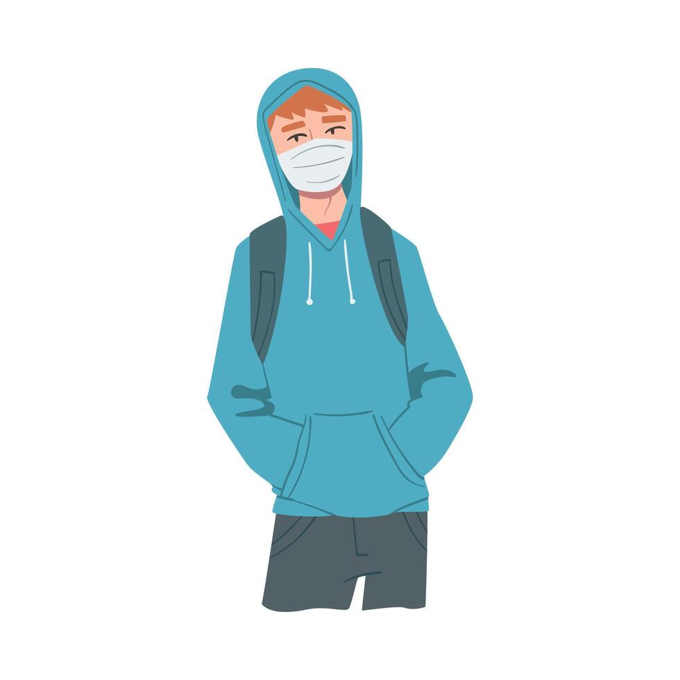 Young Man in Hoodie Wearing Protective Mask, Protection from Virus Outbreak, Pandemic Prevention Concept Cartoon Style Illustration vector