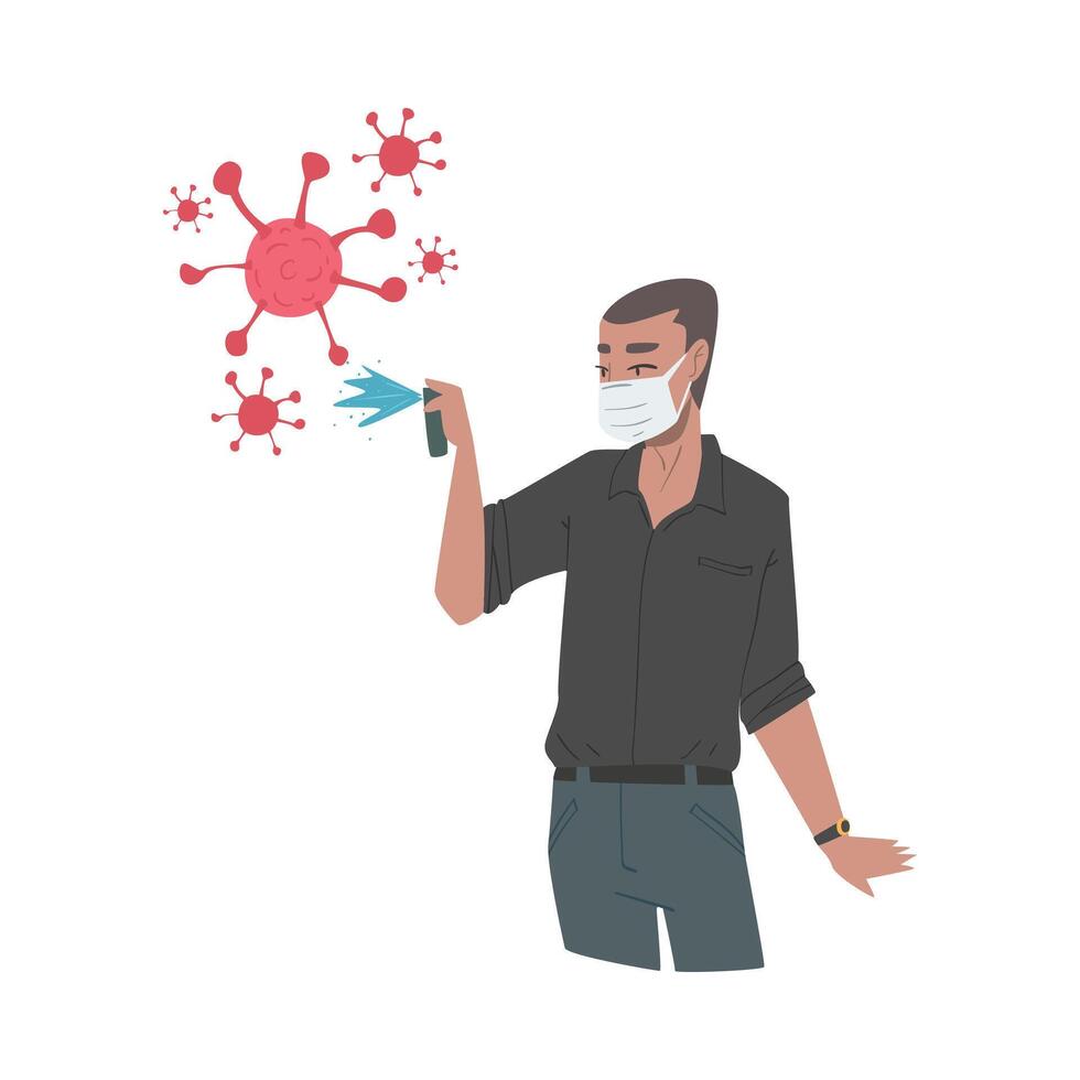 Man Wearing Protective Mask Spraying Antibacterial Liquid, Protection from Virus Outbreak, Pandemic Prevention Concept Cartoon Style Illustration vector