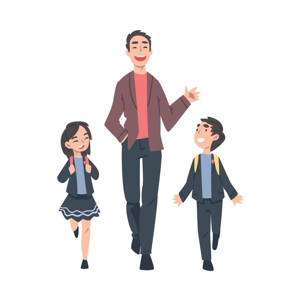 Father Taking his Son and Daughter Wearing Uniform to the School in the Morning. Parent and Kid Walking Together Cartoon Style Illustration vector