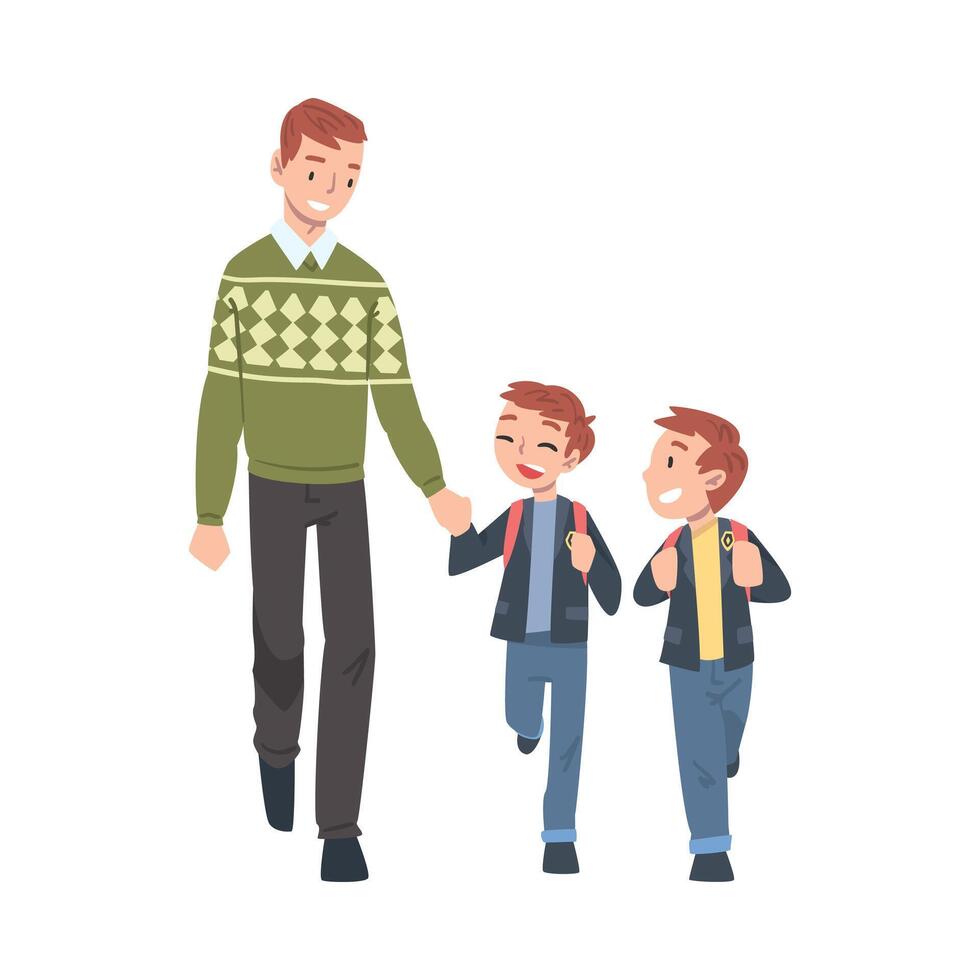 Father Taking his Two Sons to the School in the Morning. Parent and Kids Walking Together Holding Hands Cartoon Style Illustration vector