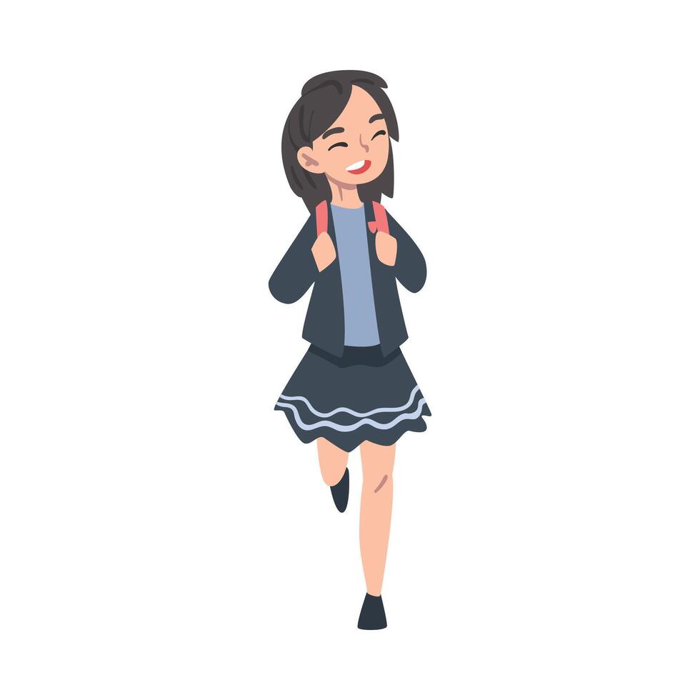 Schoolgirl in Uniform Walking to School with Backpack, Back to School, Education Concept Cartoon Style Illustration vector