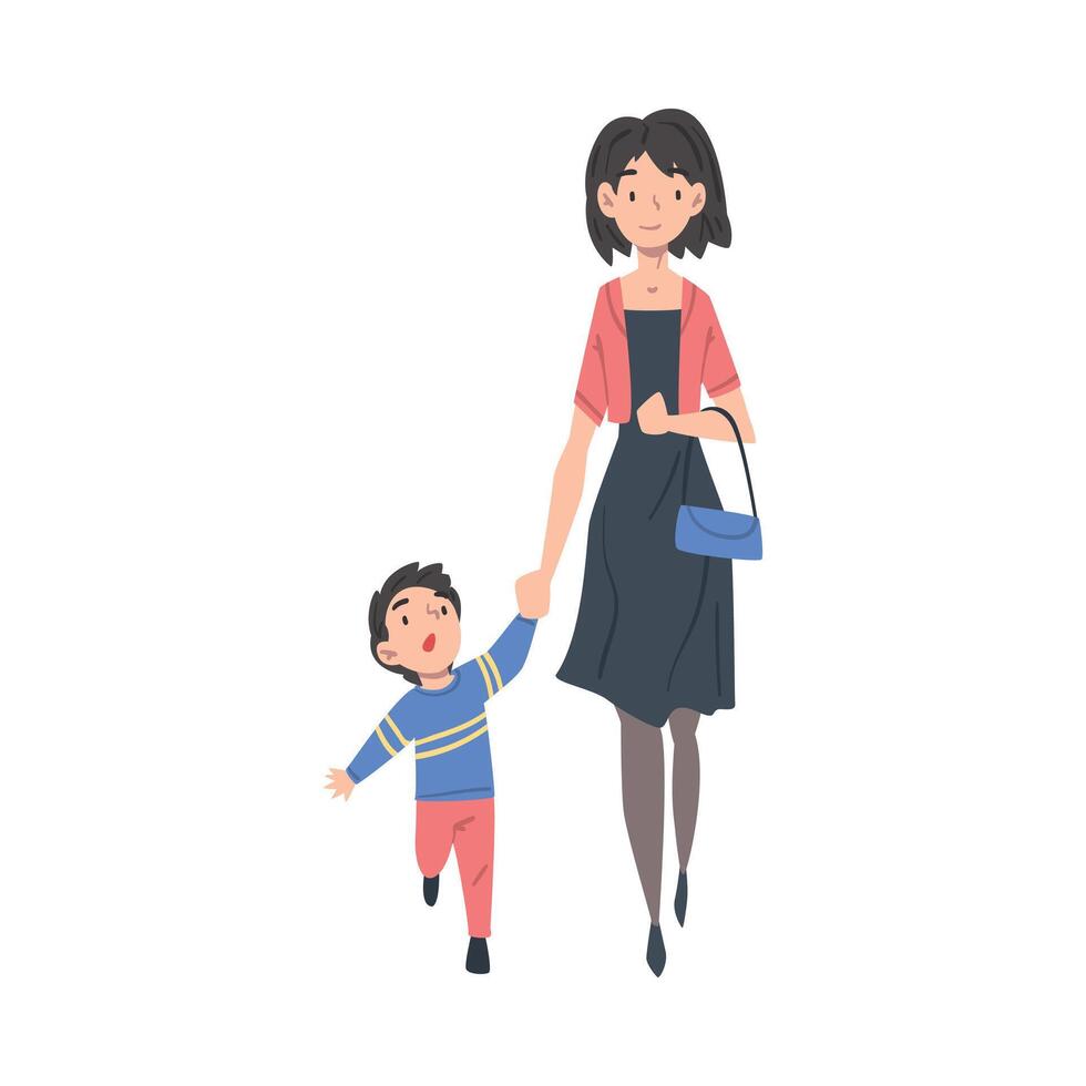 Mother Taking her Son to the School or Kindergarten in the Morning, Parent and Kid Walking Together Holding Hands Cartoon Style Illustration vector