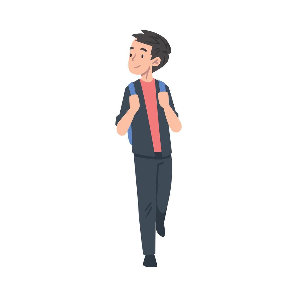 Schoolboy in Uniform Walking to School with Backpack, Back to School, Education Concept Cartoon Style Illustration vector