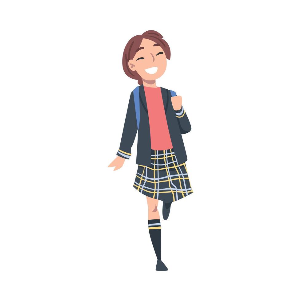 Smiling Schoolgirl with Backpack Walking to School, Back to School, Education Concept Cartoon Style Illustration vector