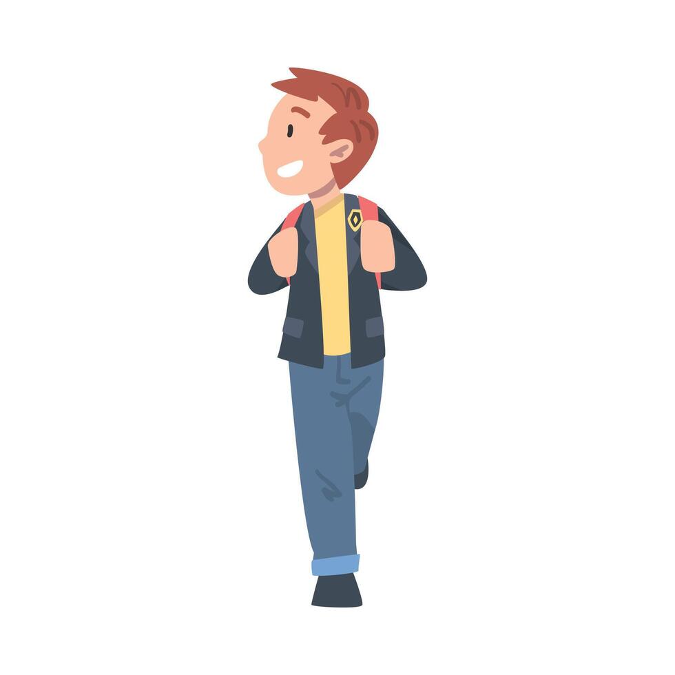 Smiling Schoolboy Walking to School with Backpack, Back to School, Education Concept Cartoon Style Illustration vector