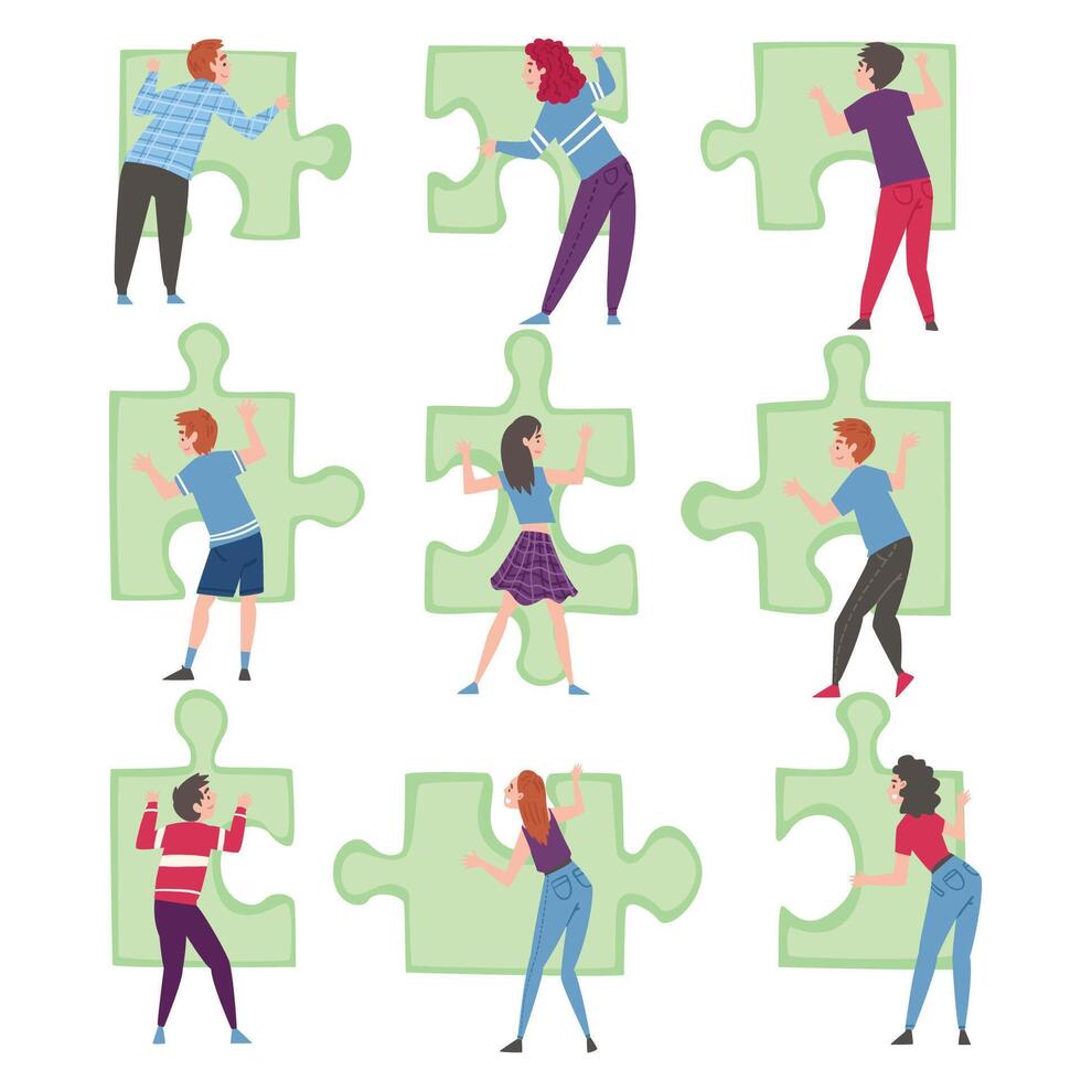 People Solving Jigsaw Puzzles Set, Persons Trying to Connect Green Puzzle Elements Cartoon Style Illustration vector