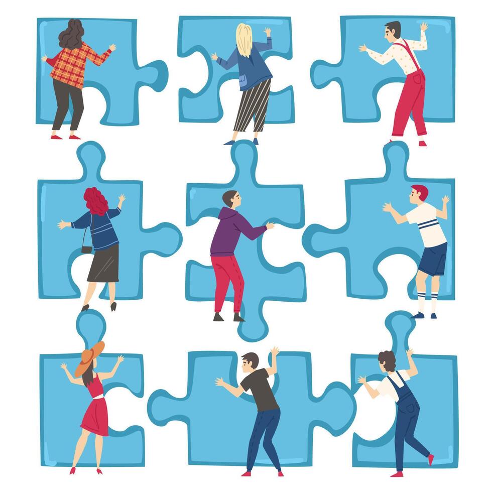 People Solving Jigsaw Puzzles Set, Back View of Men and Women Trying to Connect Blue Puzzle Elements Cartoon Style Illustration vector