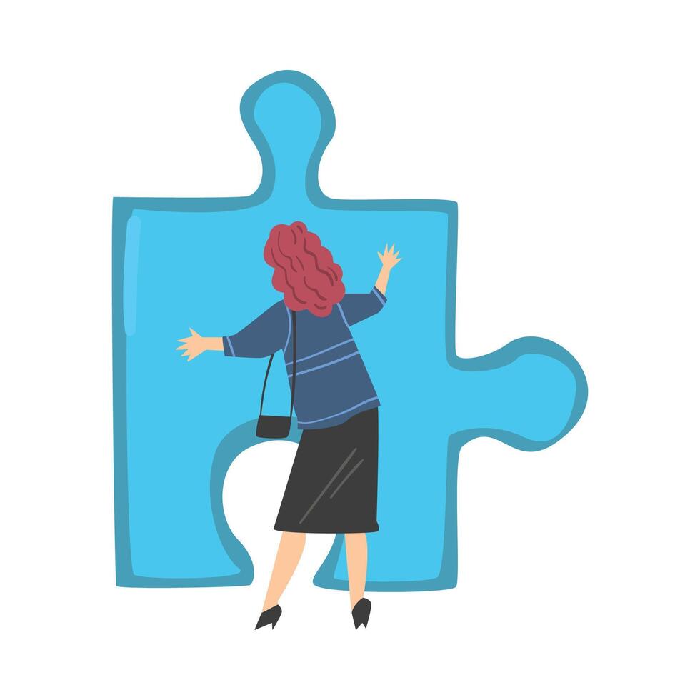 Back View of Woman Solving Jigsaw Puzzle, Businesswoman Trying to Connect Blue Puzzle Element Cartoon Style Illustration vector