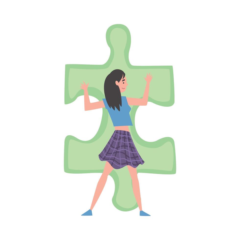 Beautiful Girl Solving Jigsaw Puzzle, Person Trying to Connect Big Green Puzzle Element Cartoon Style Illustration vector